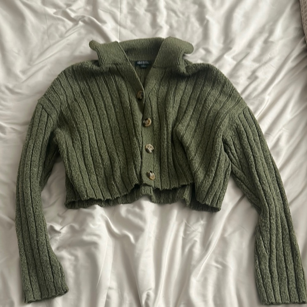 Olive Green Ribbed Button-Up Sweater